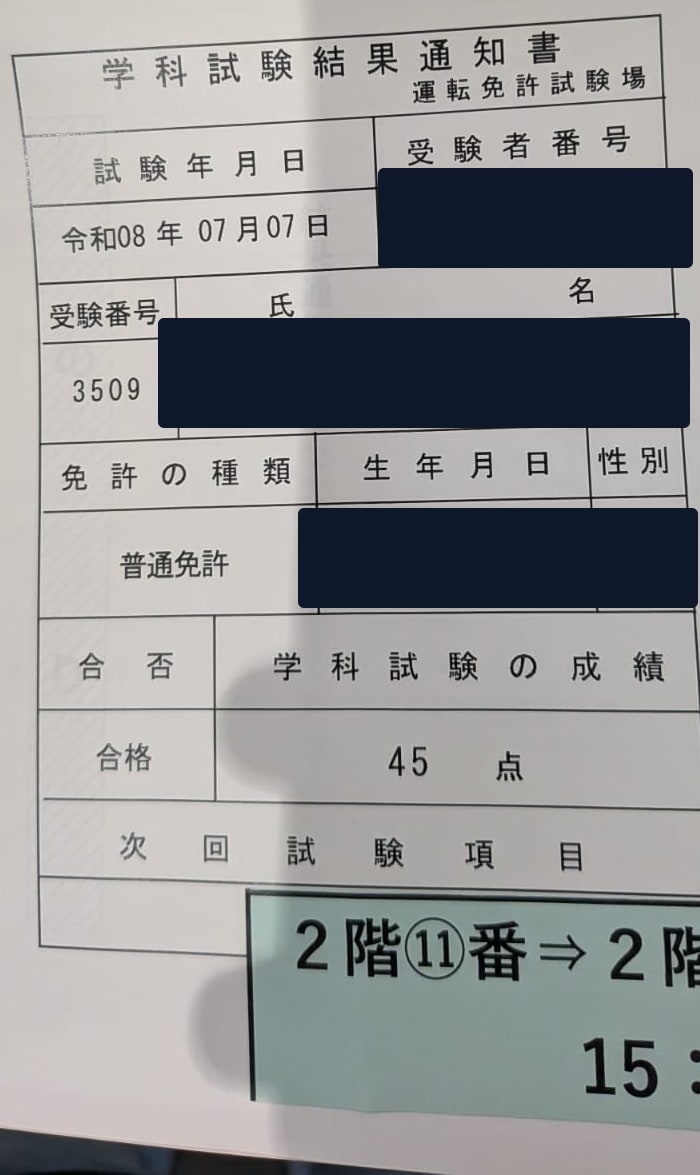 My second attempt: 45 points, 合格 — pass. Candidate number 3509. Name, date of birth and examinee number are covered; the score, the date and the candidate number are not.